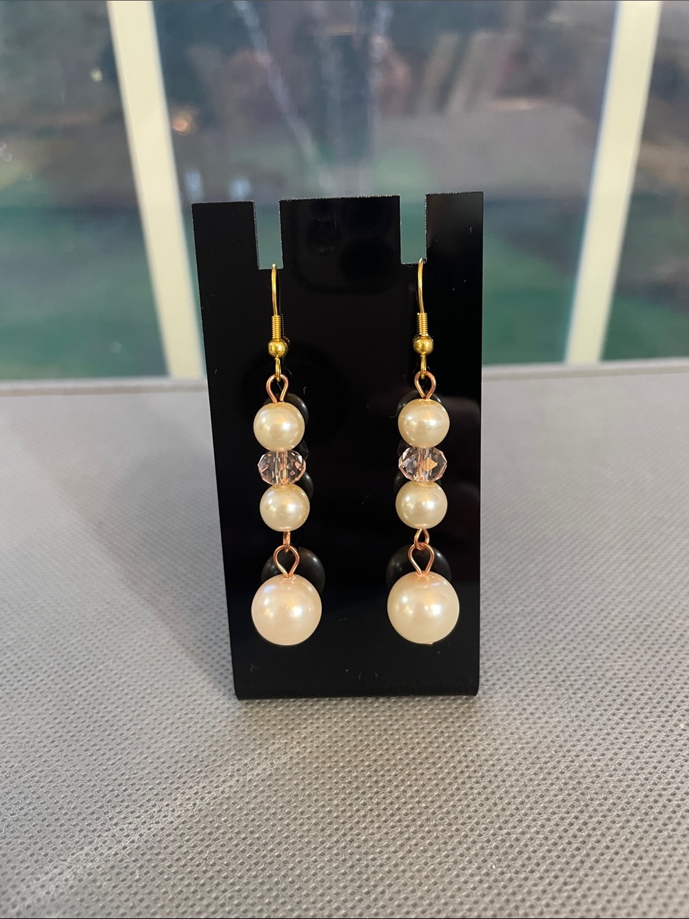Pearl Drop Dangle Earrings With Pink Crystals - Gold-Tone and Cream Pearls 2”